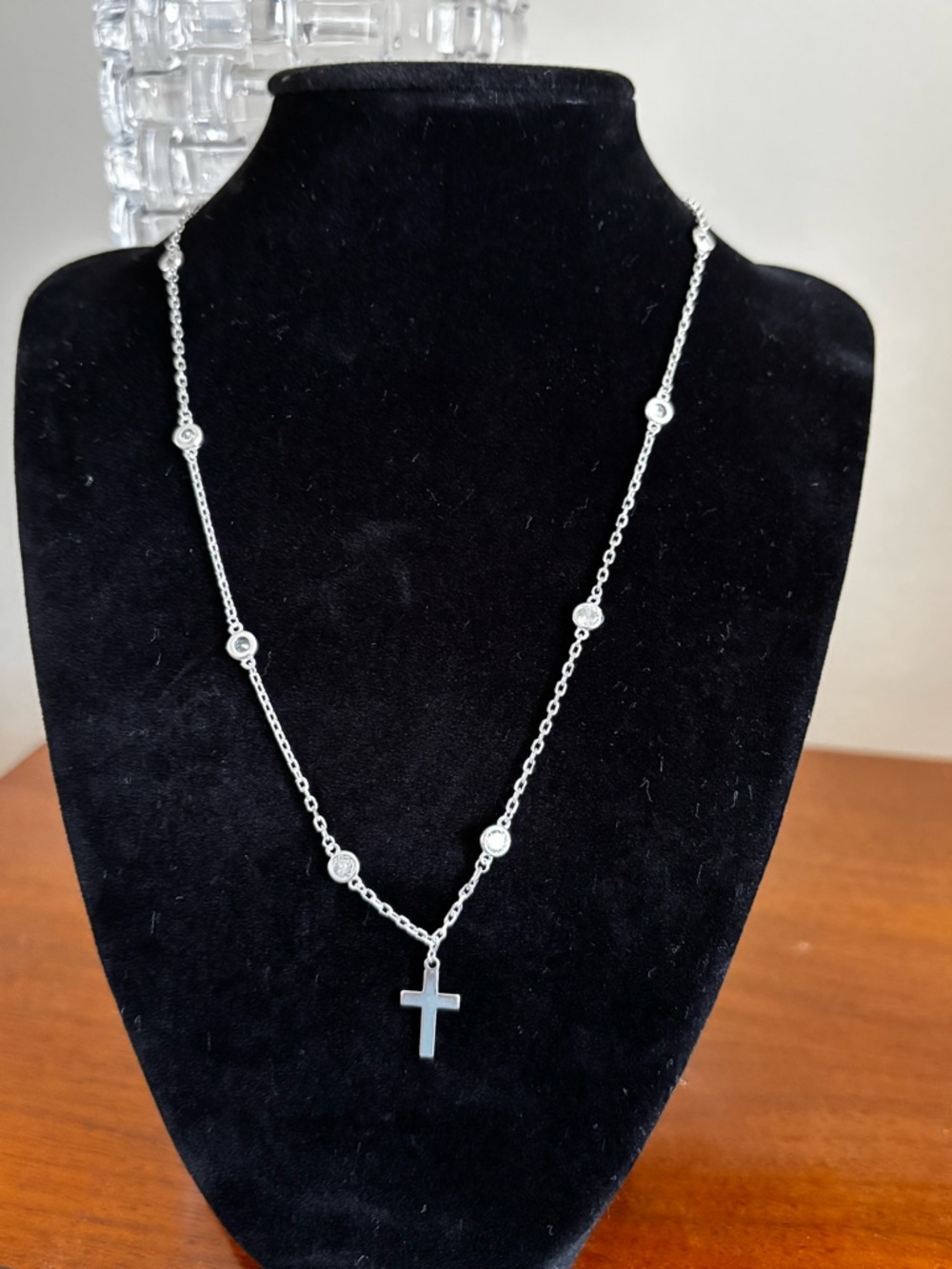 Sterling Silver Cross Pendant Necklace - Silver CZ stones